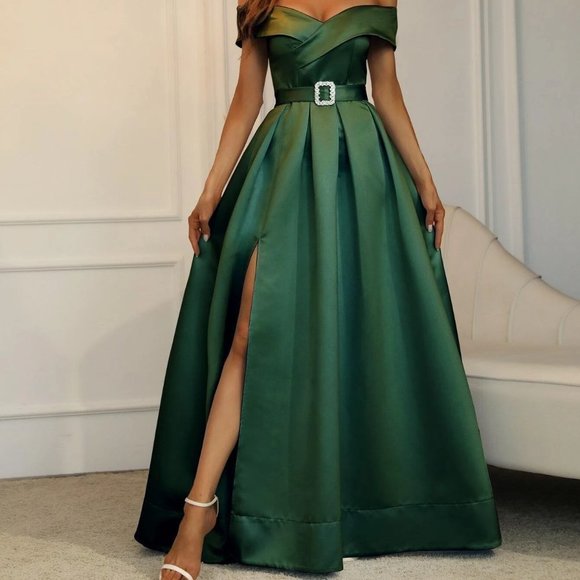 Off Shoulder Boxy Pleated Split Thigh Prom Dress Green - Picture 1 of 5